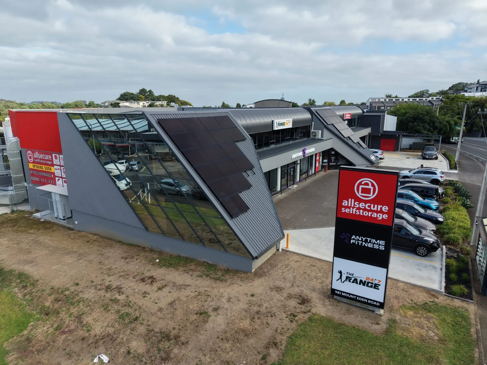 Aerial view of the All Secure solar and storage project in Three Kings, Auckland
