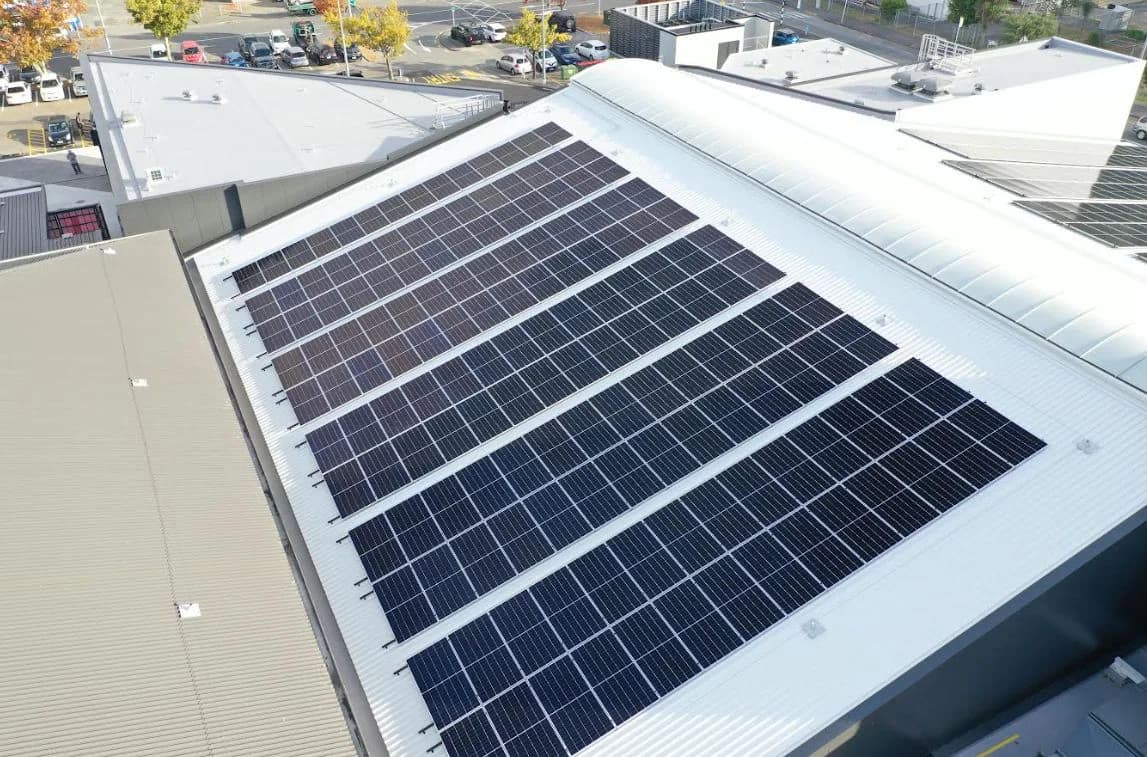 Solar modules across the H2O Xtream aquatic centre roof in Upper Hutt