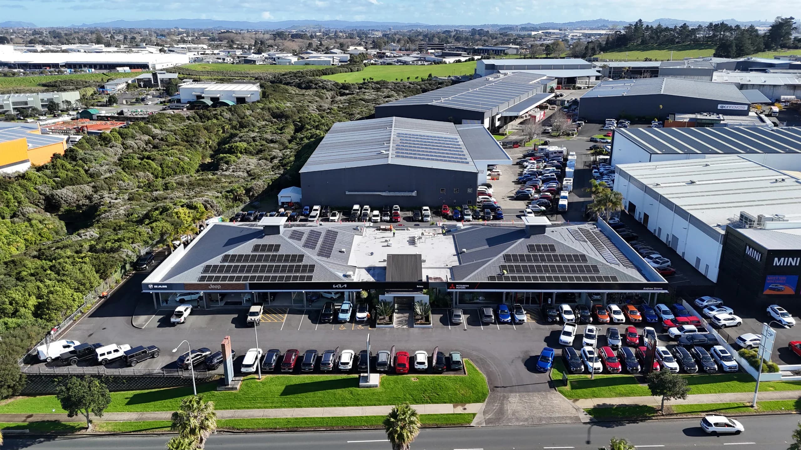Aerial view of the Andrew Simms commercial solar installation in East Tāmaki