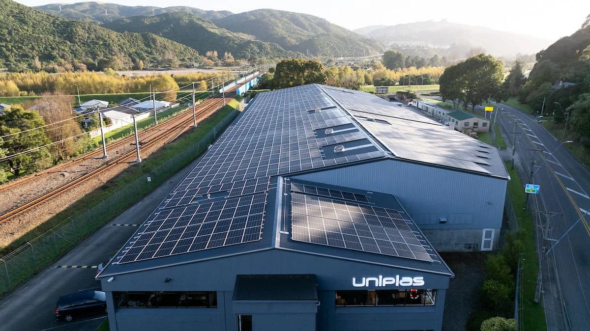 Aerial view of the Uniplas commercial solar installation in Lower Hutt